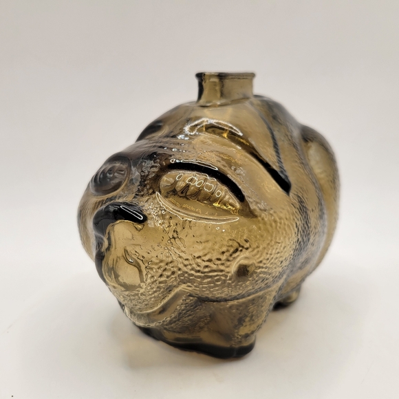 Glass Piggy Bank Brown Textured Glass Smiling Pig Bank Vintage - Picture 1 of 6